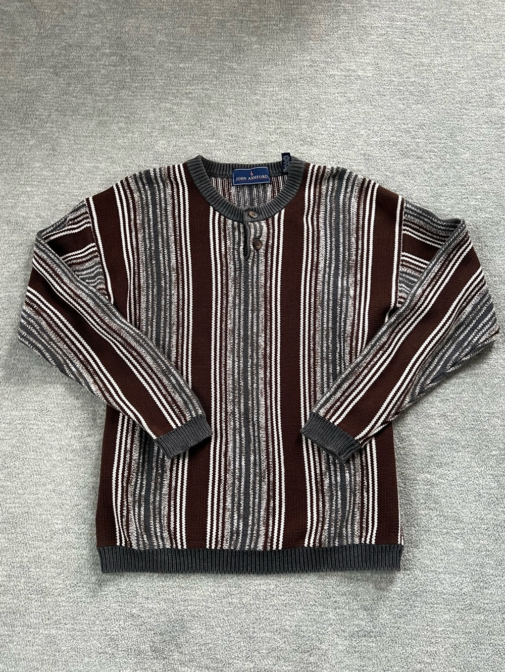 John Ashford Vintage Brown, Gray & White Striped Crewneck Cotton Sweater Sz. L